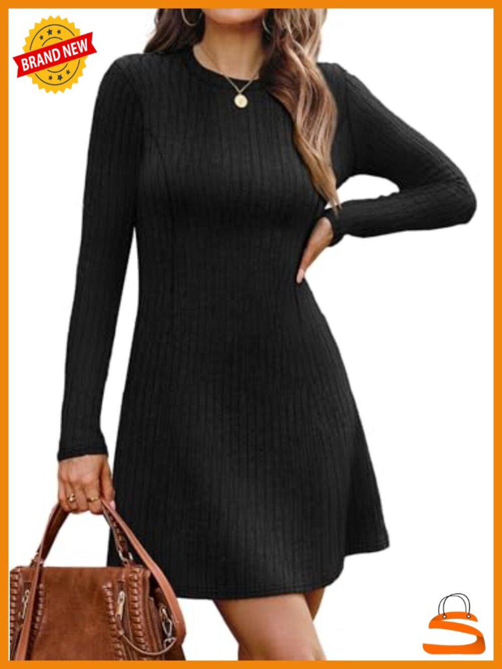 Ribbed Knit Long Sleeve Sweater Dress Crew Neck A-Line Casual